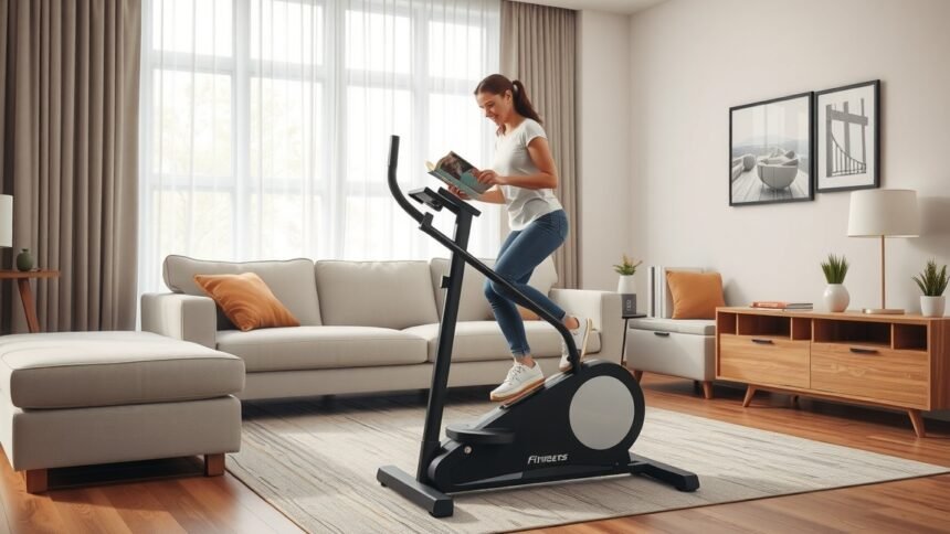 Nő mini taposógépen edz otthon, könyvet olvasva.