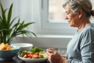 Idős nő zöldségeket és gyümölcsöket néz egy asztalon, egészséges étkezés.