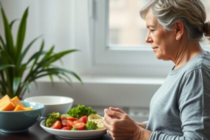 Idős nő zöldségeket és gyümölcsöket néz egy asztalon, egészséges étkezés.