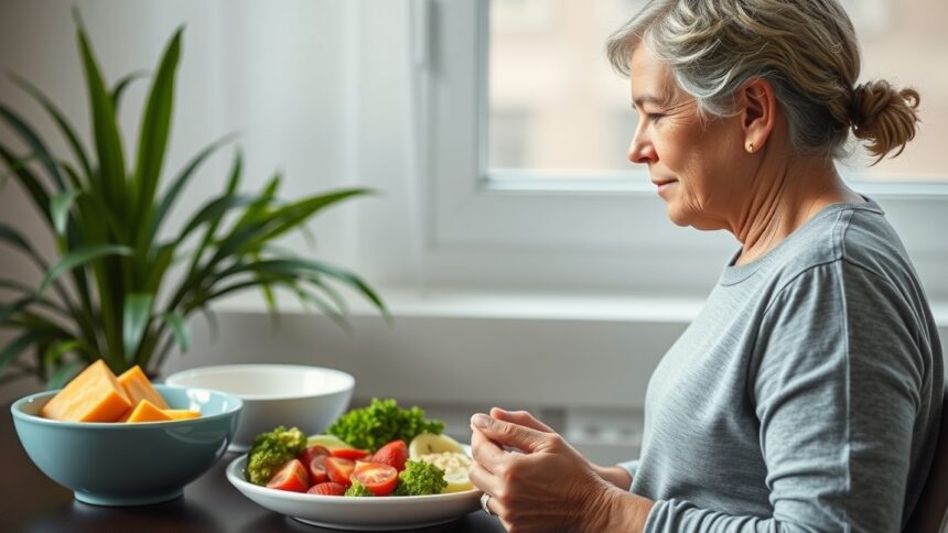 Idős nő zöldségeket és gyümölcsöket néz egy asztalon, egészséges étkezés.