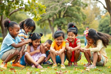 Gyerekek együtt játszanak a parkban, fejlesztve szociális készségeiket.
