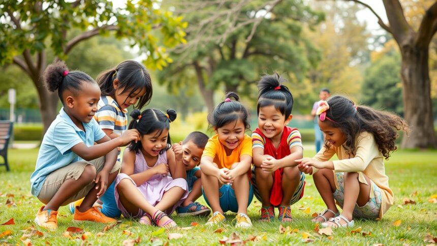 Gyerekek együtt játszanak a parkban, fejlesztve szociális készségeiket.