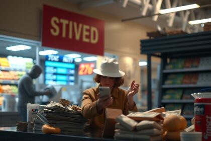 Nő okostelefonnal költségvetést tervez, infláció hatása a vásárlásra