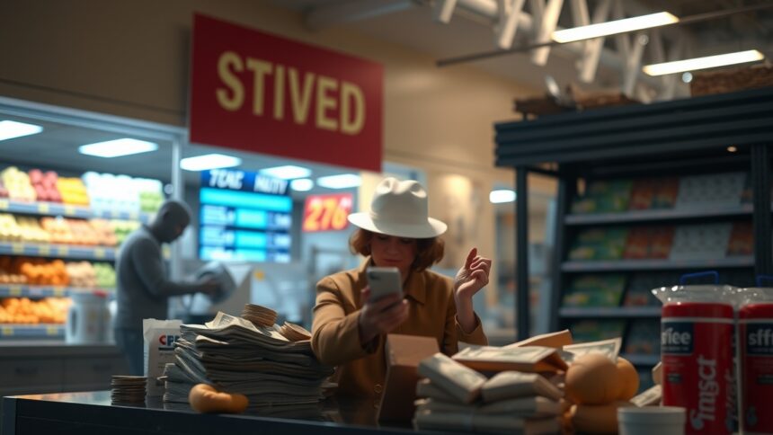 Nő okostelefonnal költségvetést tervez, infláció hatása a vásárlásra