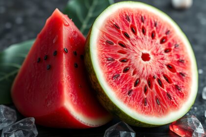 Friss görögdinnye szeletek és turmalin kövek