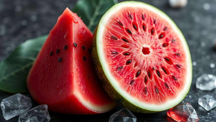 Friss görögdinnye szeletek és turmalin kövek