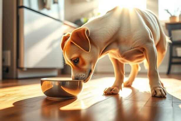 Kiskutya, aki a táljában lévő ételt nézi otthon