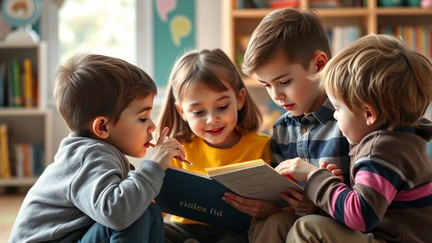 Gyerekek találós kérdéseket olvasnak, fejlesztve a gondolkodásukat.