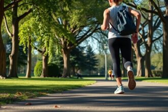 Női gyalogló a parkban, zöld fákkal körülvéve.