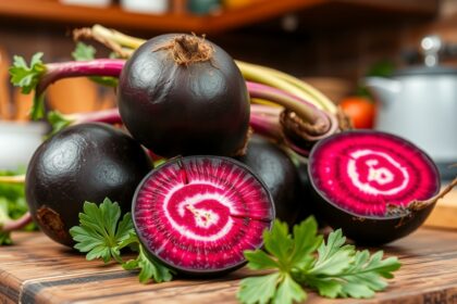 Fekete retek kivágva és egészben, friss zölddel kiegészítve