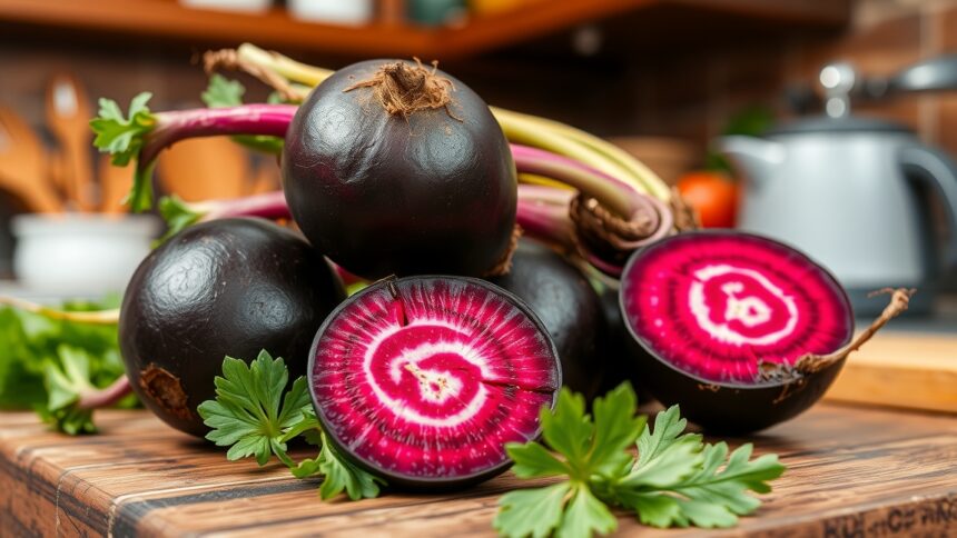 Fekete retek kivágva és egészben, friss zölddel kiegészítve