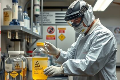 Laboratóriumi munka sósavval, megfelelő védőfelszereléssel.