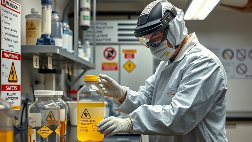 Laboratóriumi munka sósavval, megfelelő védőfelszereléssel.