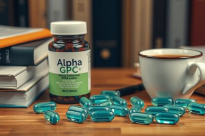 Alpha GPC kapszulák, tea és könyvek a tanulás és mentális teljesítmény javításához.