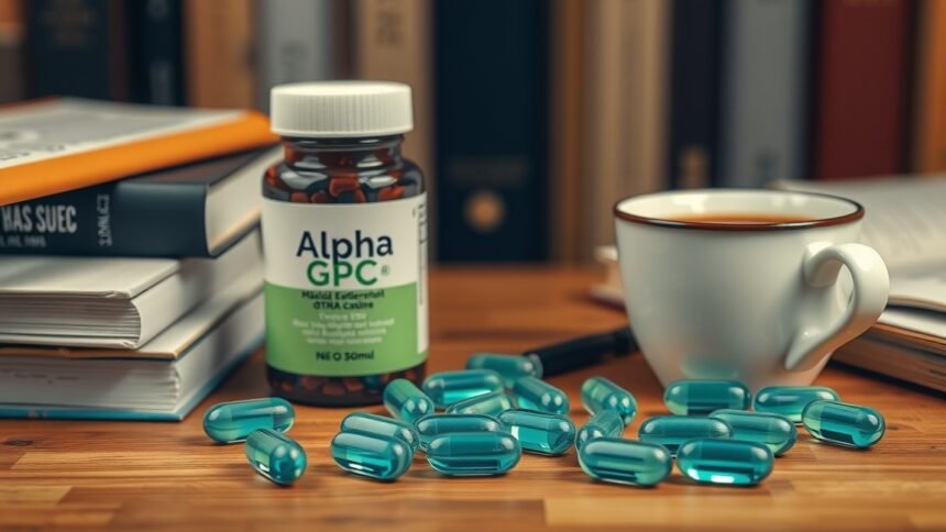 Alpha GPC kapszulák, tea és könyvek a tanulás és mentális teljesítmény javításához.