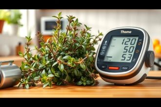 Kakukkfű és vérnyomásmérő egy asztalon