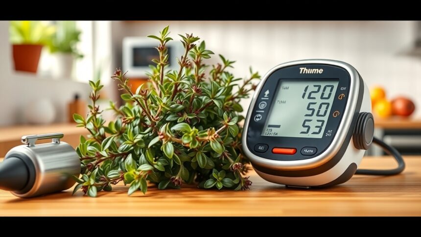 Kakukkfű és vérnyomásmérő egy asztalon