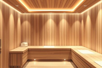 Gőzkamra belső tér világítással és fa díszítéssel.