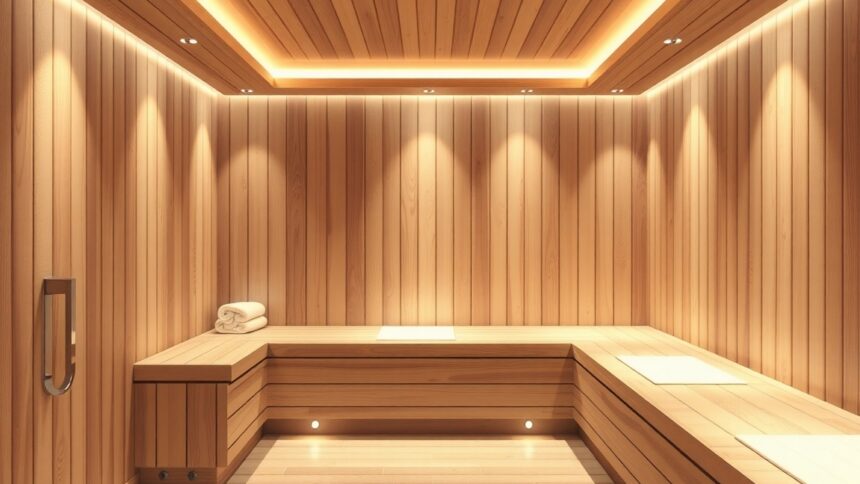 Gőzkamra belső tér világítással és fa díszítéssel.