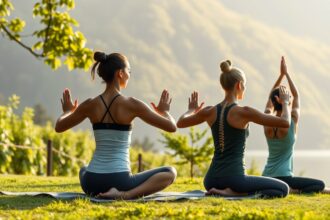 Négy nő gerinctorna gyakorlatot végez a természetben.