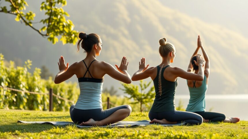 Négy nő gerinctorna gyakorlatot végez a természetben.