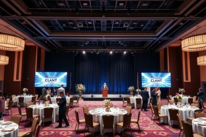 Elegáns céges rendezvény díszített asztalokkal és vetítővel.