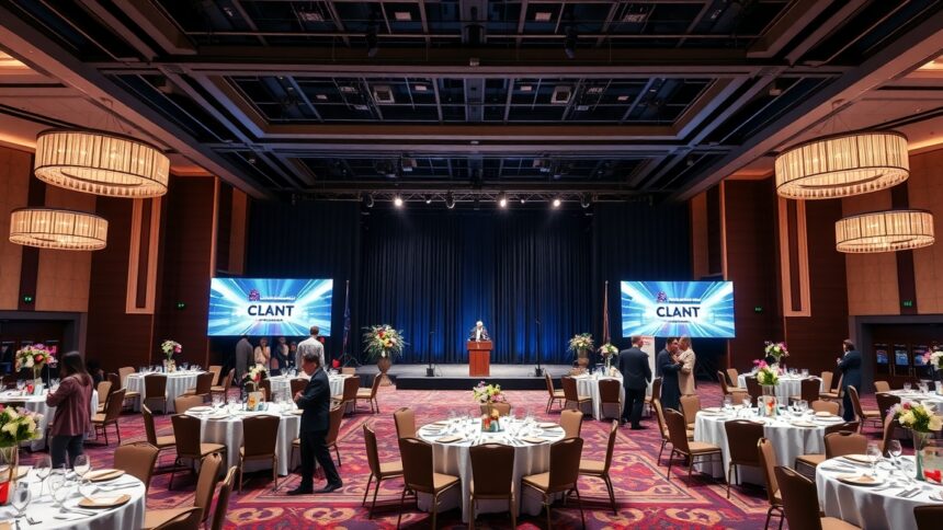 Elegáns céges rendezvény díszített asztalokkal és vetítővel.