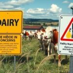 Tejtermékekkel kapcsolatos figyelmeztető táblák tehenekkel a farmon