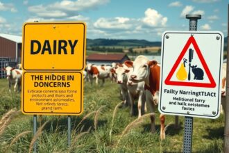 Tejtermékekkel kapcsolatos figyelmeztető táblák tehenekkel a farmon