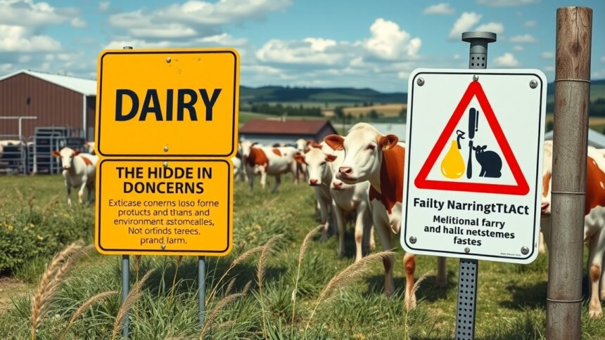 Tejtermékekkel kapcsolatos figyelmeztető táblák tehenekkel a farmon
