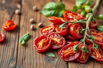 Aszalt paradicsom friss bazsalikommal és fából készült háttérrel.