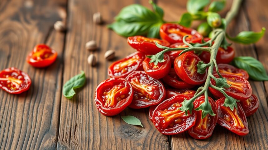 Aszalt paradicsom friss bazsalikommal és fából készült háttérrel.