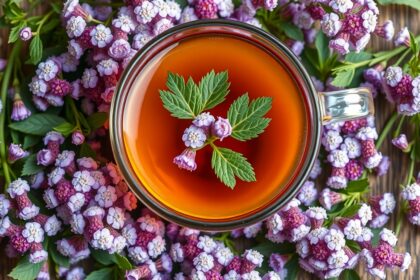 Közönséges cickafark tea friss fűszernövényekkel körítve