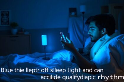 Fiatal férfi kék fényben mobiltelefonon olvas, alvás előtt.