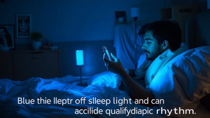 Fiatal férfi kék fényben mobiltelefonon olvas, alvás előtt.