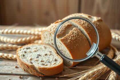 Teljes kiőrlésű kenyér és magnifying glass, táplálkozási hatásokkal.