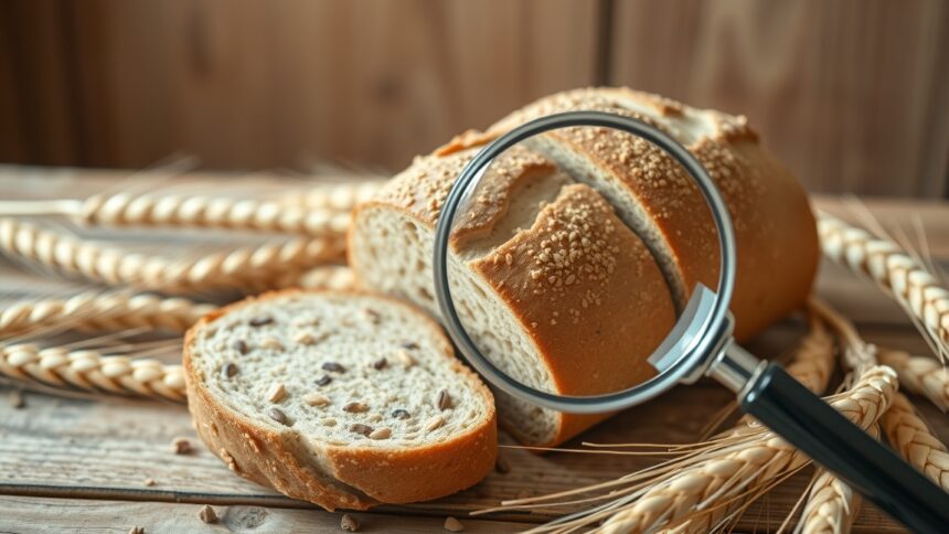 Teljes kiőrlésű kenyér és magnifying glass, táplálkozási hatásokkal.