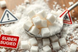 Cukorral és figyelmeztető táblákkal teli kép a túlzott cukorfogyasztás veszélyeiről.