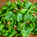 Friss madársaláta zöld levelek egy fából készült felületen