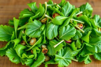 Friss madársaláta zöld levelek egy fából készült felületen