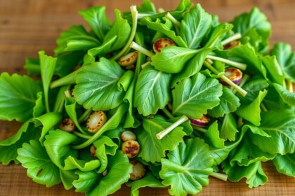 Friss madársaláta zöld levelek egy fából készült felületen