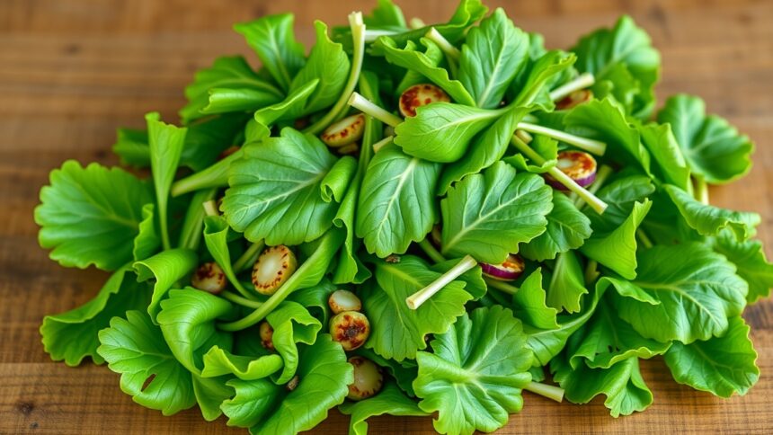 Friss madársaláta zöld levelek egy fából készült felületen