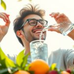 Fiatal férfi víz ivása gyümölcsös környezetben