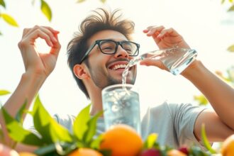 Fiatal férfi víz ivása gyümölcsös környezetben