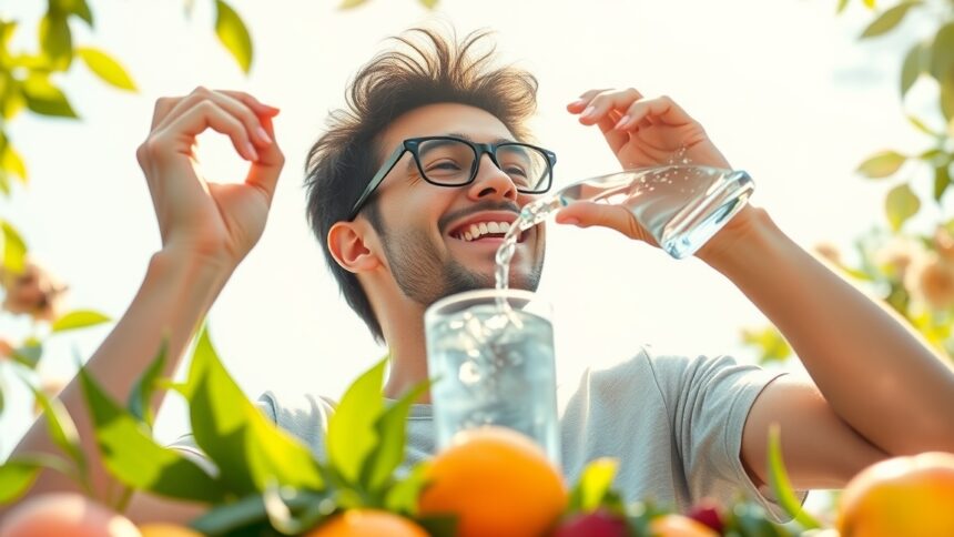 Fiatal férfi víz ivása gyümölcsös környezetben