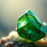 Krómdiopszid kő vízcseppekkel, fényes háttérrel