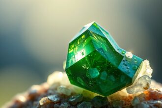 Krómdiopszid kő vízcseppekkel, fényes háttérrel