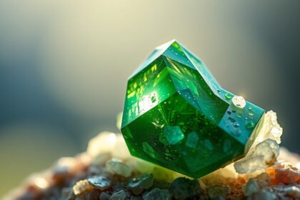 Krómdiopszid kő vízcseppekkel, fényes háttérrel