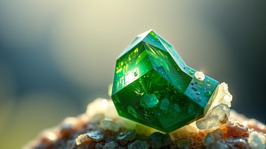Krómdiopszid kő vízcseppekkel, fényes háttérrel
