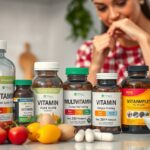Vitamins and multivitamins displayed with fresh fruits in a kitchen setting.
